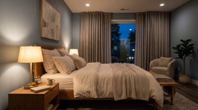 A cozy bedroom during evening with layered lighting, warm bedside lamp, soft ambient illumination, comfortable bed, curtains partially closed, peaceful and relaxing atmosphere.